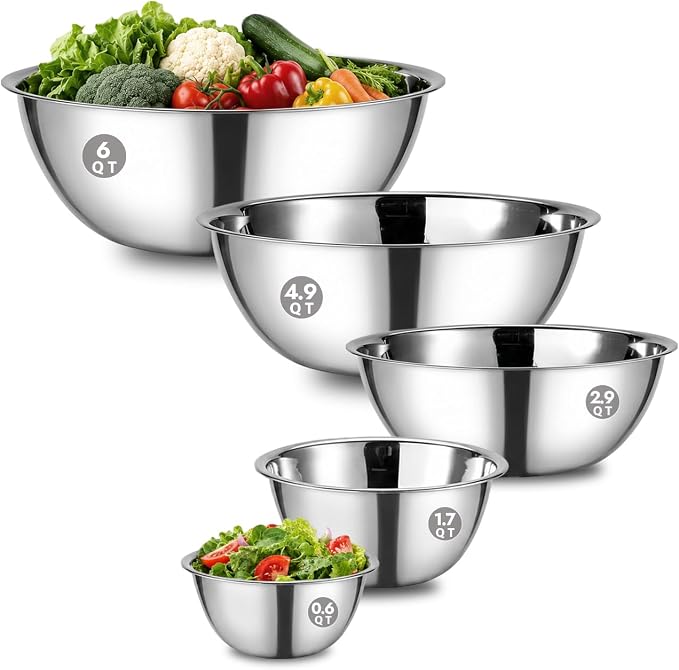 Stainless Steel Mixing Bowls Set of 5, 0.6 to 6 QT | Heavy Duty Nesting Metal Bowls, 0.6, 1.7, 2.9, 4.9, 6 QT, Flat Base, For Baking, Cooking, Salad Mixing & Bread Dough Kneading