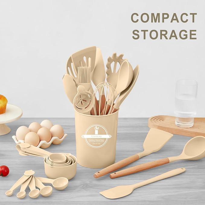 Kitchen Utensils Set - 34 PCS Non-Stick Silicone Cooking Utensils Set Spatula Set with Holder, Wooden Handle Spoon,Brush,Whisk Kitchen Gadgets Tools Set for Nonstick Cookware (Khaki-34P)