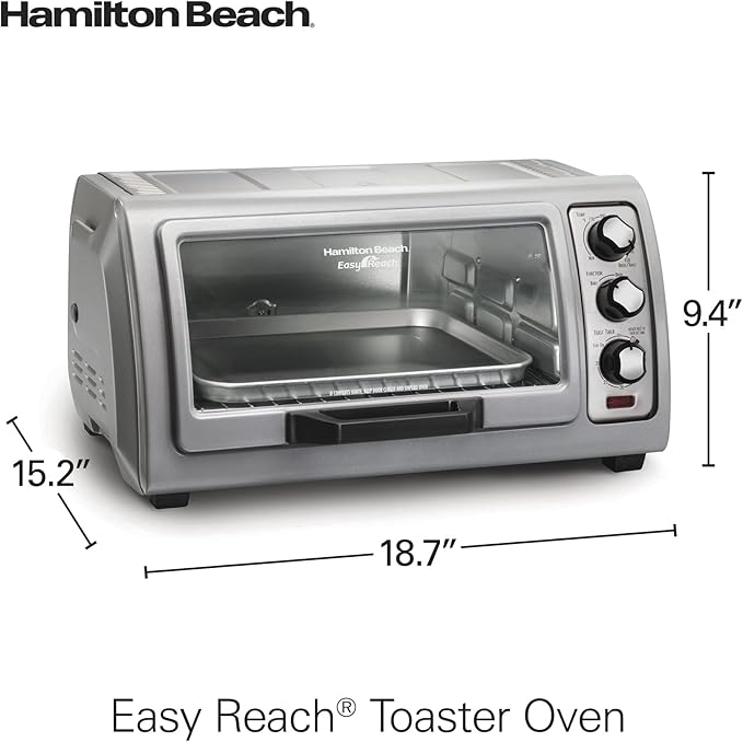 Hamilton Beach Easy Reach 6 Slice Countertop Toaster Oven | Roll-Top Door For Easy Access | Bake, Broil & Toast Functions | 150 to 450ºF Adjustable Temp | Auto Shutoff | Silver