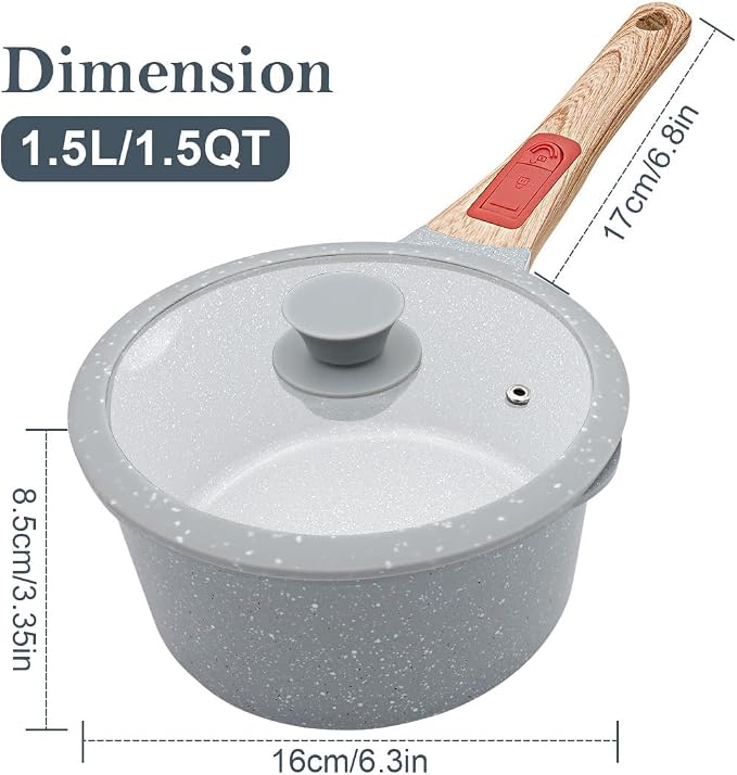 AIKENBBKK 1.5 Quart Ceramic Nonstick Saucepan with Lid, Small Sauce Pot with Pour Spouts for Multipurpose Use, milk Pan with Detachable Handle, Oven Safe, Blue