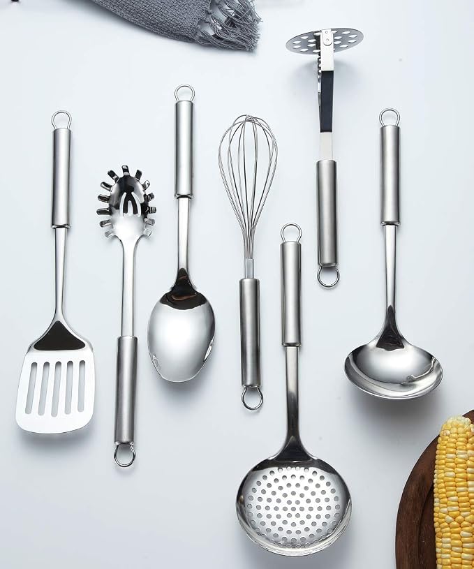 Berglander Cooking Utensil Set 8 Piece, Stainless Steel Kitchen Tool Set with Stand,Cooking Utensils, Slotted Tuner, Ladle, Skimmer, Serving Spoon, Pasta Server,Potato Maseher, Egg Whisk. (8 Pieces)