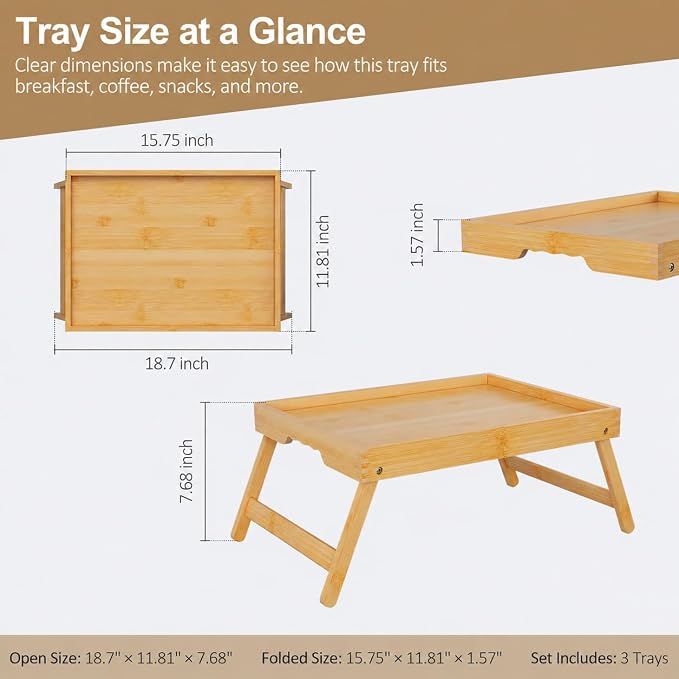 Medium Bamboo Breakfast Trays for Bed, Folding Legs, 3 Pack | 3 medium natural bamboo bed trays with folding legs, raised edges and side grips for meals, laptops, snacks and serving