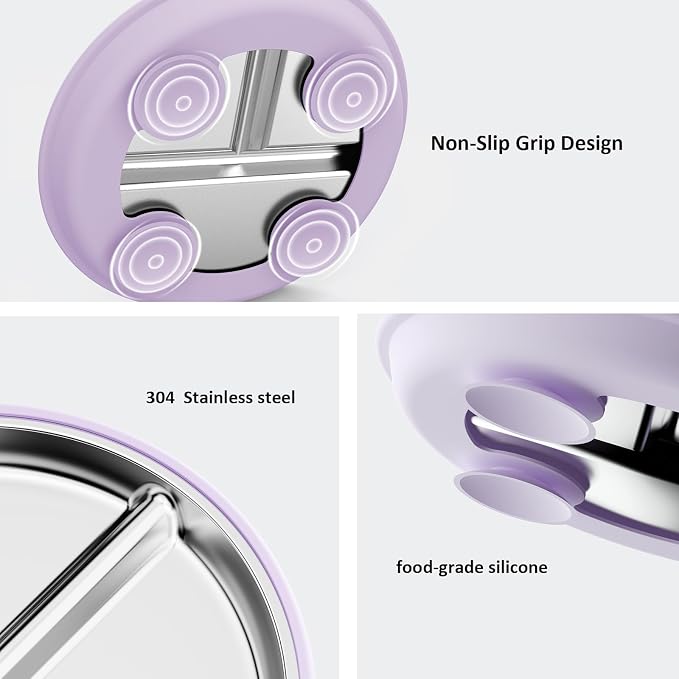 Bakpoco Stainless Steel Suction Plates for Baby Toddlers Feeding | 8" Divided Kids Plates with Removable Silicone Suction, Non Toxic Portion Control Snack Dishes 3 Packs, Pink Lilac Sage