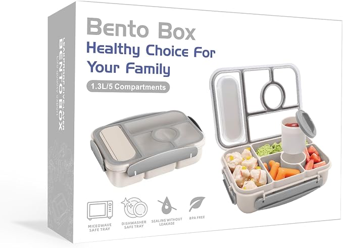 Amathley Bento Box Adult Lunch Box Kids,Lunch Containers for Adults/Kids/Toddler,5 Compartments Bento Lunch Box with Sauce Vontainers,Microwave & Dishwasher & Freezer Safe,BPA-Free (White)