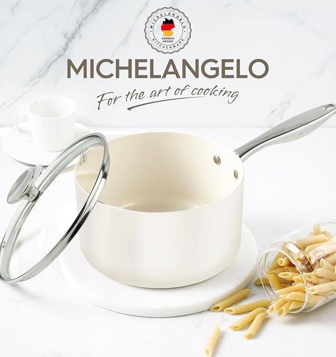 MICHELANGELO 1 Quart Saucepan with Lid, Nonstick Sauce Pan with Non-Toxic Ceramic Coating, Cream Sauce pan, 1 Qt Saucepans, Oven Safe