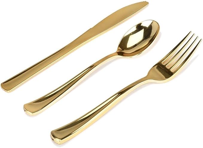 Gold Plastic Silverware Set (160 Bulk Pack) Disposable Cutlery Utensils, 80 Forks, 40 Knives, 40 Spoons, Heavy Duty Flatware For Holidays, Parties, Dinners, Weddings, and Occasions