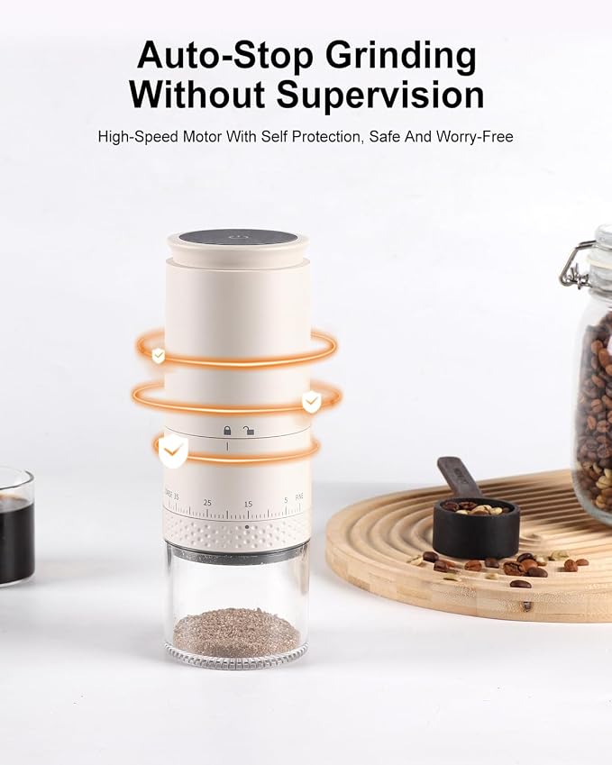 Lamido Portable Electric Coffee Grinder with Ceramic Burr - Visual Bean Hopper - 38 Adjustable Grind Settings - 1.8X Faster Grinding - 2000 mAh Rechargeable (Light Beige, E90M)