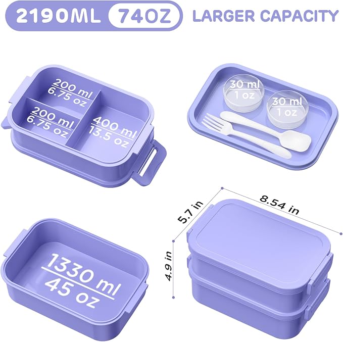 DaCool Lunch Box Adults Bento Box - 74 OZ All-in-One Stackable Lunch Box Containers for Adult Large Bento Box with Fork Spoon Sauce Boxes, Leakproof Lunchbox for Work School Dining Out,Macaron-Color