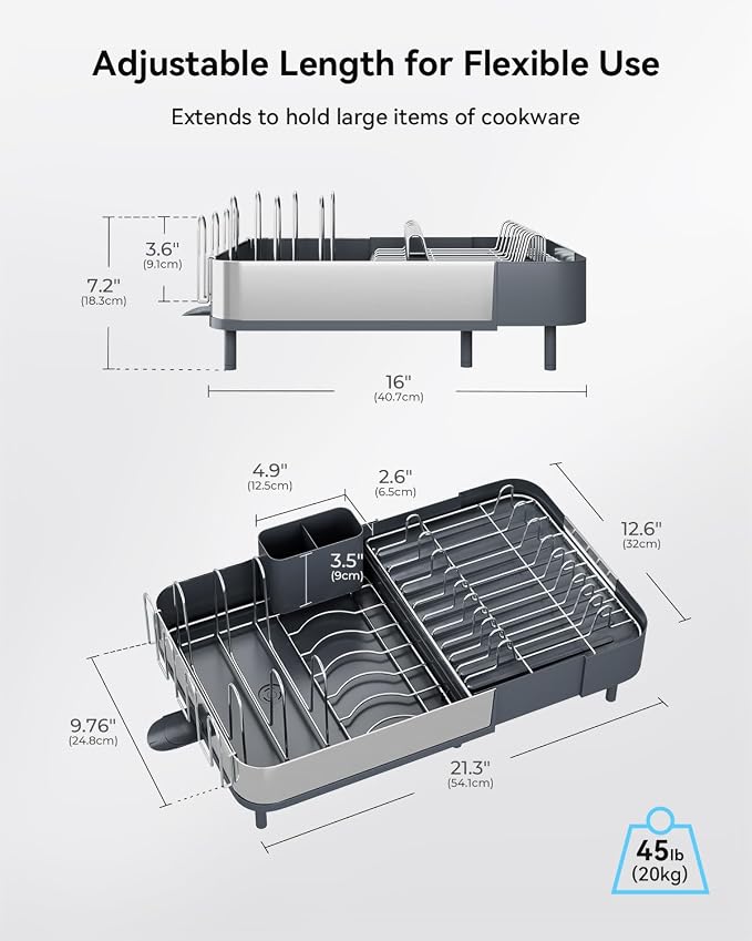 Expandable Dish Drying Rack, Versatile Brackets for Pots & Pans, Space Saving Kitchen Drying Rack, Dish Racks for Kitchen Counter, Stainless Steel Dish Drainers with Extendable Spout, Gray