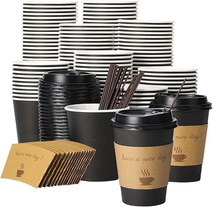 BYSNOW 500 pack 12 oz Bulk Disposable Coffee Cups with Lids Hot Paper Cups | To Go Insulated Coffee Cups for Home, Office, Cafes and Party (Black 12oz)