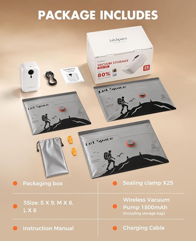 Vacuum Storage Bags with Electric Pump,Covers -60kPa Vacuum Seal Bags for Clothing Devices, Travel Bags with Portable Cordless Pump Included, Compatible with Bags 25 Combo Set