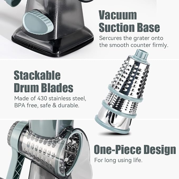 Rotary Cheese Grater Pro 6 in 1 - Shredder Crinkle Slicer Grinder Ice Shaver, Stable Suction, Time-saving Easy Use & Clean, Safe Morden Kitchen Tool for Cheese, Vegetable, Nuts, Chocolate