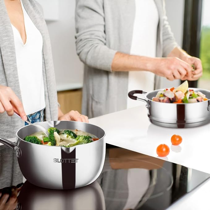SLOTTET Tri-Ply Whole-Clad Stainless Steel Saucepan with Steamer,2.5 Qt Small Multipurpose Pot with Pour Spout,Strainer Glass Lid, 2 Quart Sauce Pan for Cooking with Stay-cool Handle.