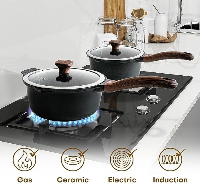 Vinchef 3QT & 4QT Sauce Pot Set with Lids, Nonstick, Black | PFAS-free nonstick resists scratches and stains, dishwasher-safe, induction-ready, stay-cool handles, easy-release cooking.