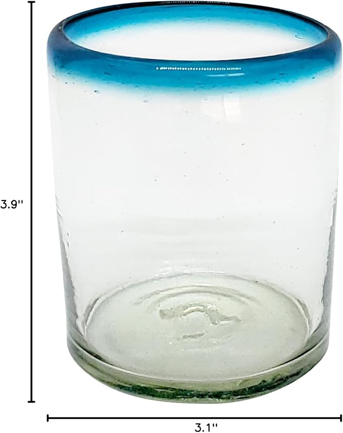 Aqua Blue Rim 10 oz Tumbler Glasses (set of 6) Mexican Handmade Glassware, Recycled Glass, Lead-free, Toxin-Free (Tumbler)