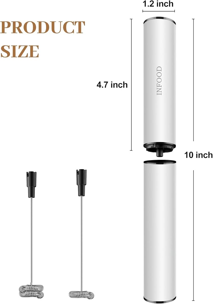 INFOOD Rechargeable Milk Frother with Cover, 2-Speed, 2 Whisks, White | Stainless Steel Body and Whisks, 2 Detachable Heads, for Lattes, Cappuccinos, Hot Chocolate, and Egg