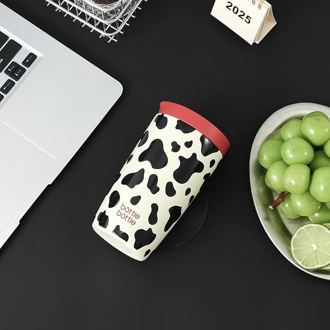 BOTTLE BOTTLE Insulated Coffee Tumbler with Push Button Lid 12oz(Cow) | Leakproof,Stainless Steel Travel Mug,Keeps Drinks Hot & Cold for 6 Hours,for Office & On the Go