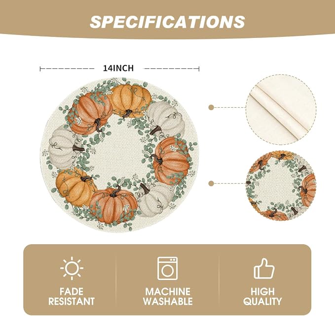 Artoid Mode Pumpkin Eucalyptus Round Fall Placemats Set of 4-14 Inch | Heat-Resistant, Washable Table Mats, Seasonal Autumn Kitchen Dining Decor