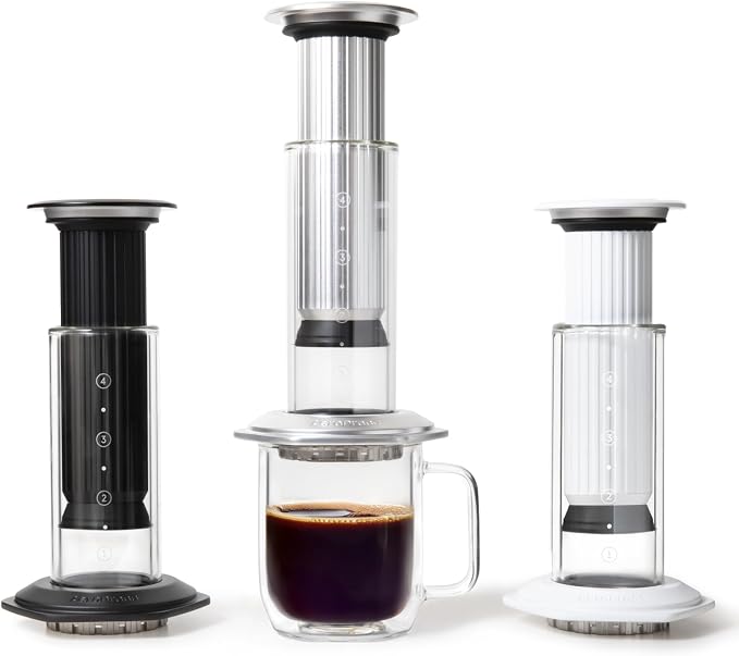 AeroPress Premium Coffee Press, Glass, Stainless Steel & Aluminum, White | Glass, Stainless Steel & Aluminum, All-in-One French Press, Pour-Over & Espresso-Style, Manual Brewer, 2 Min Brew
