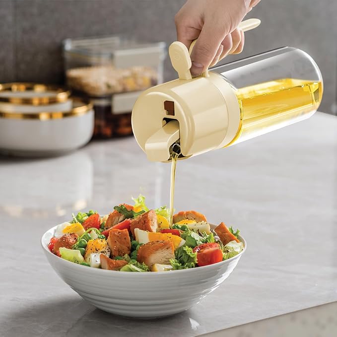 Glad 2 in 1 Oil Dispenser, 18.6oz/550ml - Olive Oil Sprayer for Cooking, Pouring Salad Dressing, and Grilling - Kitchen Gadget with Refillable Glass Bottle, Handle, and Mist or Pour Options - Beige