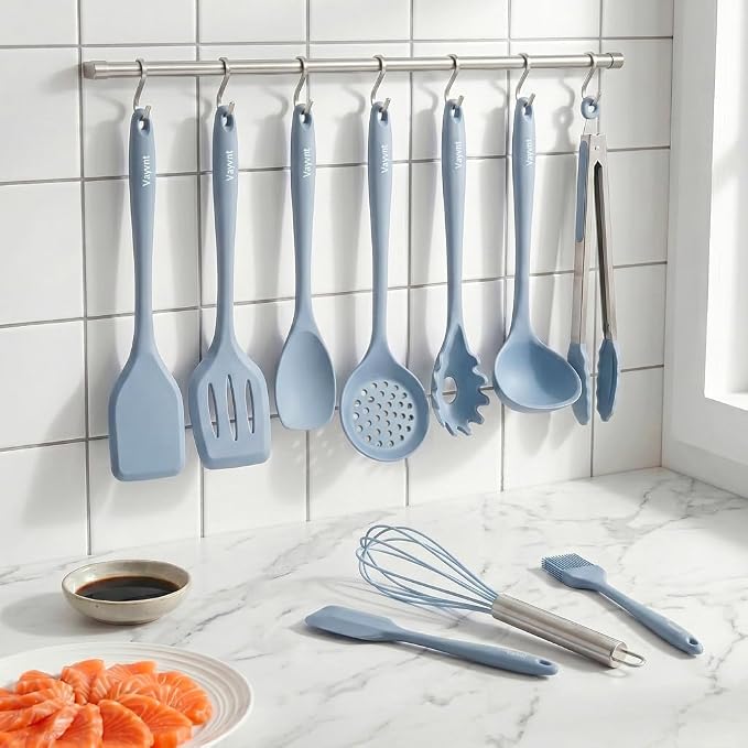 Vayvnt Silicone Cooking Utensil Set, 10PCS Utensils for Non Stick Pan, Blue | Heat Resistant 480℉, One-piece Design, Food Grade, Non Toxic Silicone Kitchen Utensils, Easy Cleaning, Dishwasher Safe