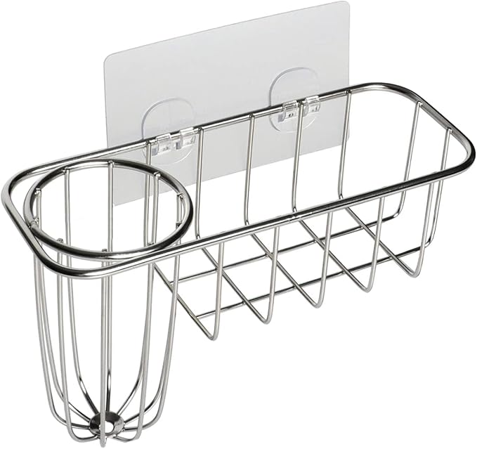 HULISEN Kitchen Sponge Holder, Stainless Steel Sink Caddy with Brush Holder | No-Drill Setup, In-Sink Adhesive Mount, Open Grid Drainage, Sink Strainer, Soap and Scrubber Storage, Rust-Resistant