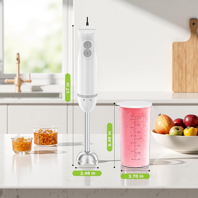 Bonsenkitchen Hand Blender,2-In-1 Emulsion Handheld with 2 Mixing Speeds | 24oz Beaker, Immersion Blender,Ergonomic Handle Stick Mixer for Baby Food,Smoothies, Soups & Sauces