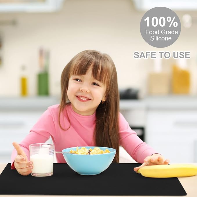 Extra Large Silicone Mat, 31.5x16.93 Large Silicone Placemats for Kids, Heat Resistant Mat for Kitchen Counter, Non Stick Silicone Table Mat for Dough and Pastry, Silicone Craft Mat for Kids, Black