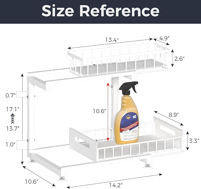 2-Pack L-Shaped Under Sink Organizer, 2-Tier Pull-out Cabinet Rack | White Height-Adjustable Metal Rack, Sliding Grid Drawers with Safety Stopper, Holds 100 Lbs, Ideal Kitchen Cabinet Storage