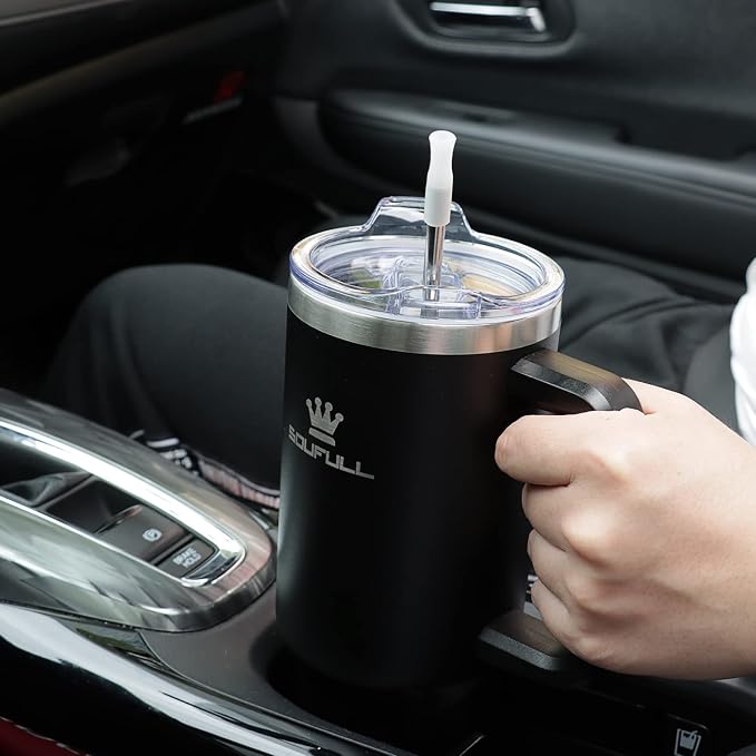 Soufull 40 oz Tumbler with Handle and Straw Lid, 100% Leak-proof, Black | Stainless Steel Insulated Travel Coffee Cup, Keeps Cold 34Hrs or Hot 10Hrs, Dishwasher Safe