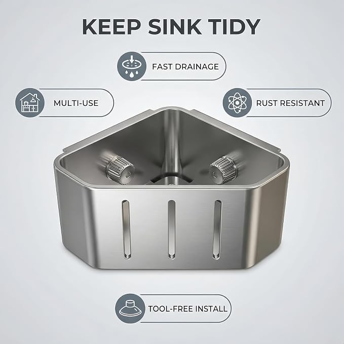 Stainless Steel Sink Caddy, Suction Cup Corner Organizer for Kitchen Sink, Sponge and Brush Holder for Right Angle Sink – Gun Gray