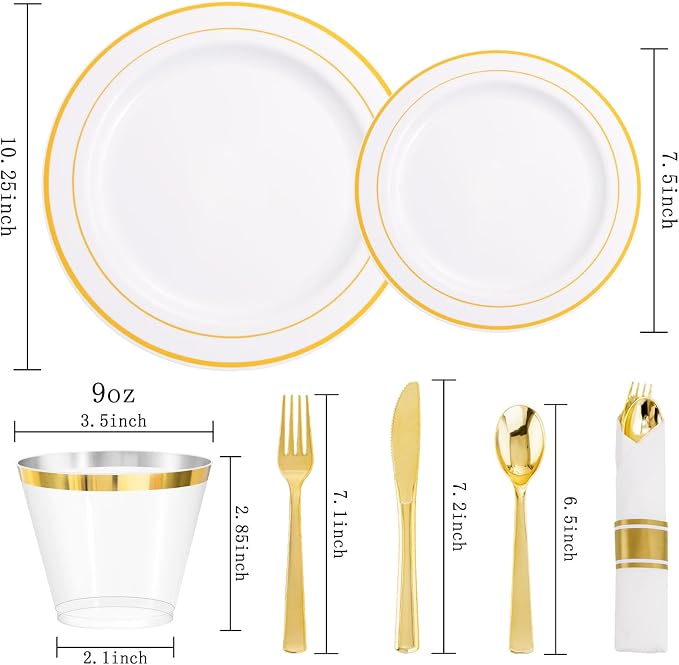 DaYammi 350PCS Gold Plastic Dinnerware Set for 50 Guests, Fancy Disposable Plates for Party, Include: 50 Dinner Plates, 50 Dessert Plates, 50 Pre Rolled Napkins with Gold Silverware, 50 Cups