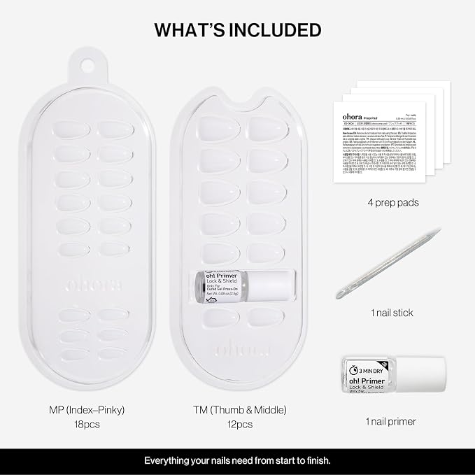ohora Gel Press On Nails | White, Solid, Medium Oval | Pure White | Salon-Quality, 100% Real Gel, No UV Lamp, No Glue, Non-Toxic | 15 Sizes, 30 Tips | Long Lasting press ons, K beauty nails