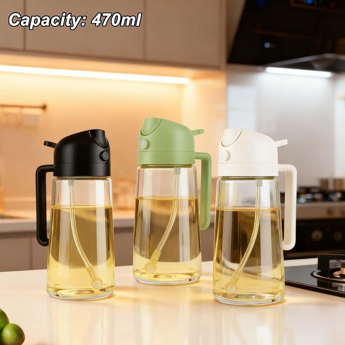 16oz/470ml Glass Olive Oil Sprayer for Air Fryer, 2 in 1 Spray & Pour Dispenser with Fine Mist & Portion Control, BPA-Free Kitchen Gadget for Cooking, Salad, BBQ, Roasting (Green)