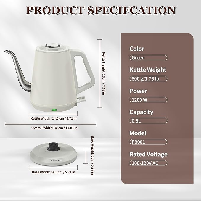 Gooseneck Electric Kettle 0.8L, 1200W Fast Boiling Stainless Steel – Auto Shut-Off, Precision Pour Over Kettle for Coffee & Tea, Ideal for Small Kitchen, RV, Travel (Gray White)
