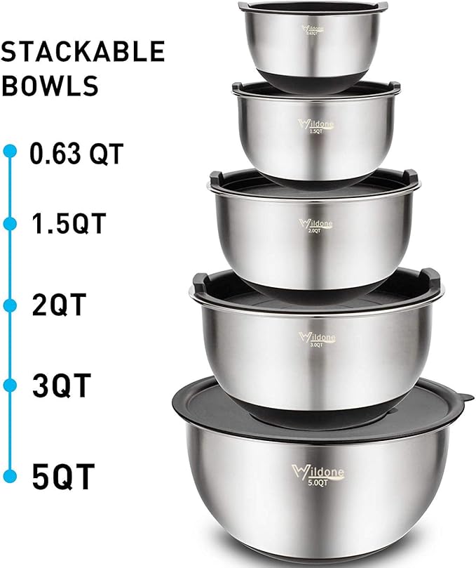 Wildone Mixing Bowls with Airtight Lids Set, 5PCS Stainless Steel Nesting Bowls for Kitchen, with Grater Attachments & Non-Slip Bottoms, Size 5, 3, 2, 1.5, 0.63 QT, Great for Mixing & Serving