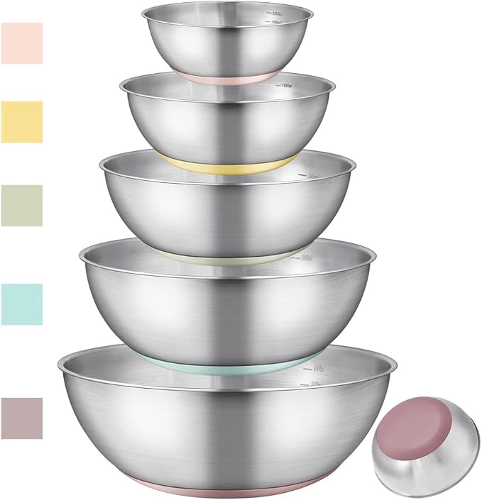 GIUOIDUO Stainless Steel Mixing Bowls Set with Non-Slip Base, Set of 5 | 1.27/ 1.69/ 2.11/ 3.17/ 4.23QT Nesting Bowls, Dishwasher Safe Baking Bowls for Kitchen Baking, Meal Prep and Storage
