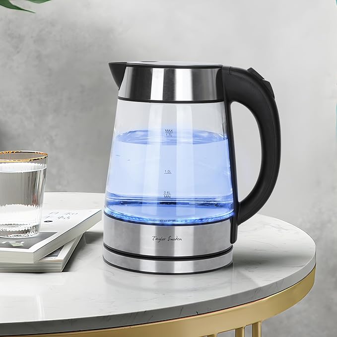Taylor Swoden 1.7L Electric Tea Kettle, Glass Hot Water Boiler for Tea | Fast Boiling Electric Kettle Cordless Water Boiler with Auto Shutoff & Boil Dry Protection, Glass & Stainless Steel