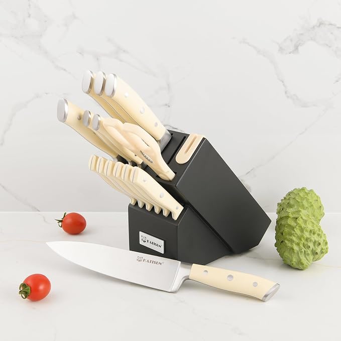 16-Piece Extra-Long Handle German Steel Knife Set with Block | Creamy White Cutlery For Large Hands & Better Leverage. Features Built-In Sharpener, Shears & Modern Base