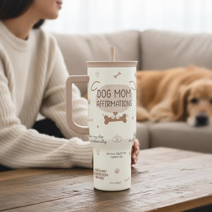 SANDJEST Dog Mom 40oz Tumbler With Handle and Straw, Dog Mom Affirmation Insulated Stainless Steel Travel Coffee Mug for Women Girls Pet Lovers, Gift Idea for Birthday Christmas Mothers Day