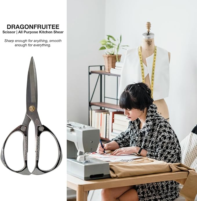 DRAGONFRUITEE All Purpose Kitchen Shear, Scissors for Home, Herbs, Sewing, Crafting and Office Cutting, Stainless Steel Razor Sharp Tip, Ergonomic Metal Handles, 7.5 inch, Silver