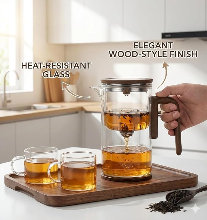 MIIKA Magic Glass Tea Pot with Infuser for Loose Tea – Bottom Dispense Stainless Steel Strainer, Borosilicate Glass, Elegant Tea Scoop, Protective Base and Drip-Free, Easy-to-Clean Design