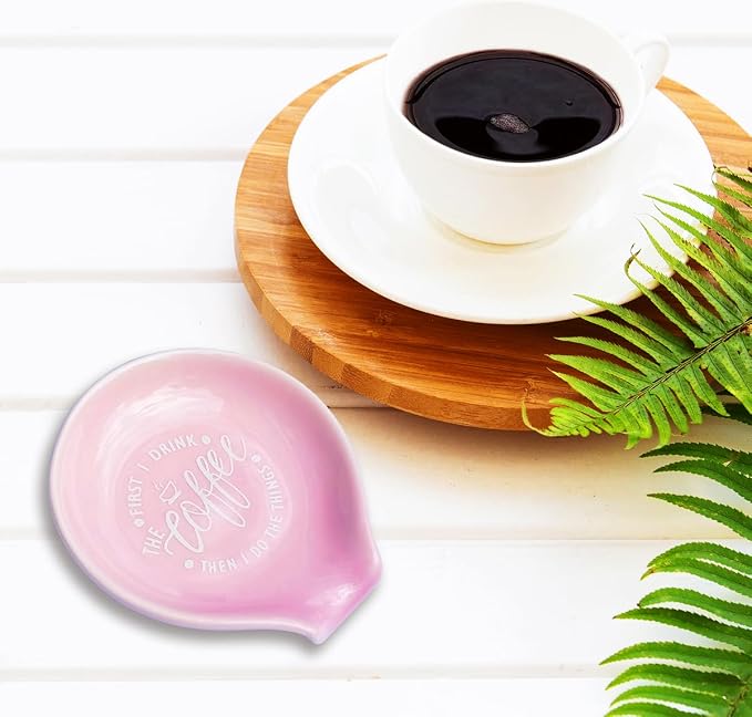 Funny Coffee Quote First I Drink The Coffee Then I Do The Things Ceramic Spoon Holder-Light Purple Coffee Spoon Rest -Cafe Station Bar Accessories