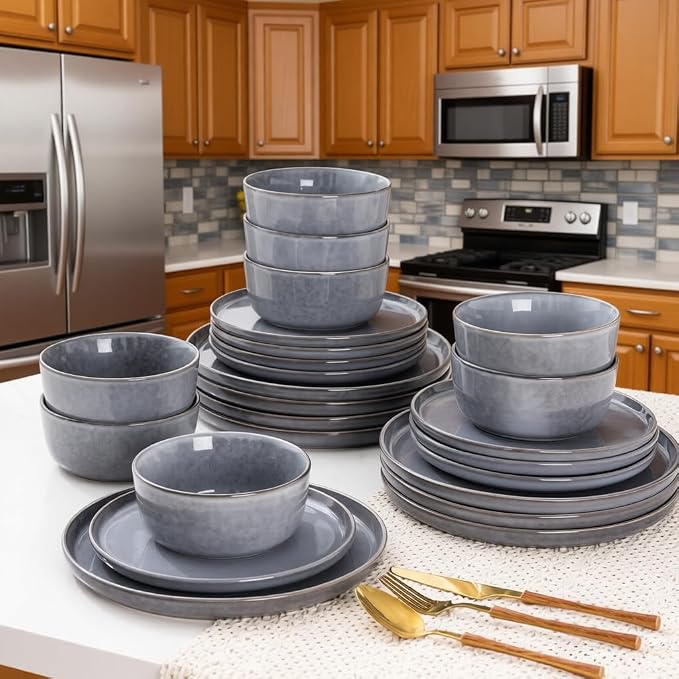 AmorArc Stoneware Dinnerware Sets for 6, 18Pcs Plates and Bowls Sets Dishes | Ceramic Round Reactive Glaze Dishes Set, Highly Scratch Resistant | Dishwasher & Microwave Safe Dishware