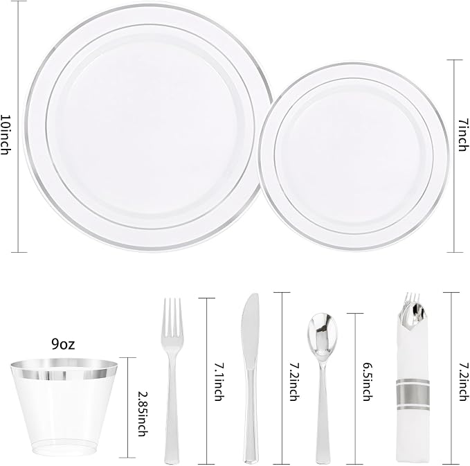 DaYammi 350PCS Silver Plastic Dinnerware Set for 50 Guests, Fancy Disposable Plates for Party, Include: 50 Dinner Plates, 50 Dessert Plates, 50 Pre Rolled Napkins with Silver Silverware, 50 Cups