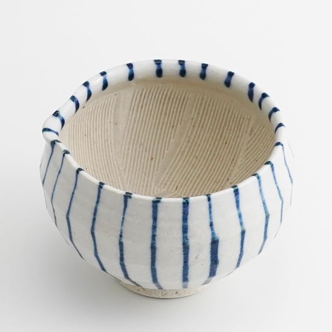 Traditional Japanese Mini Sesame Seed Grinder with Pestle - Mino Takada-yaki Ceramic - Deep Amber - Ideal for Dressings and Sauces (Indigo Stripe)