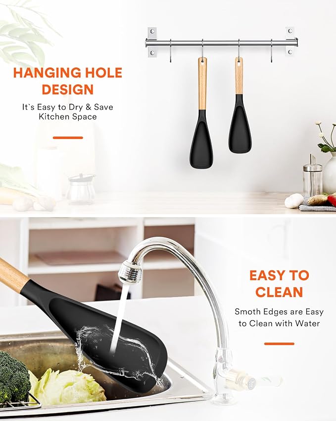 Multifunction Cooking Spoon for Nonstick Cookware,11.4"&13.4",Black | Great for Cooking and Serving, Sturdy BPA-Free Matte Silicone, Wood Handle spoonula for Mixing, Scoop, and Scrape