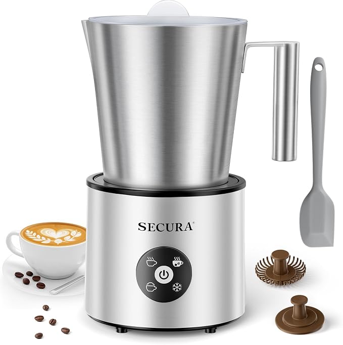 Secura 4-in-1 Electric Milk Frother, 17oz Stainless Steel Jug, Teflon-Free | Milk Steamer, Hot Chocolate Maker, Dishwasher Safe, One Touch Control, Overheat Protection, Includes Spatula & 2 Whisks