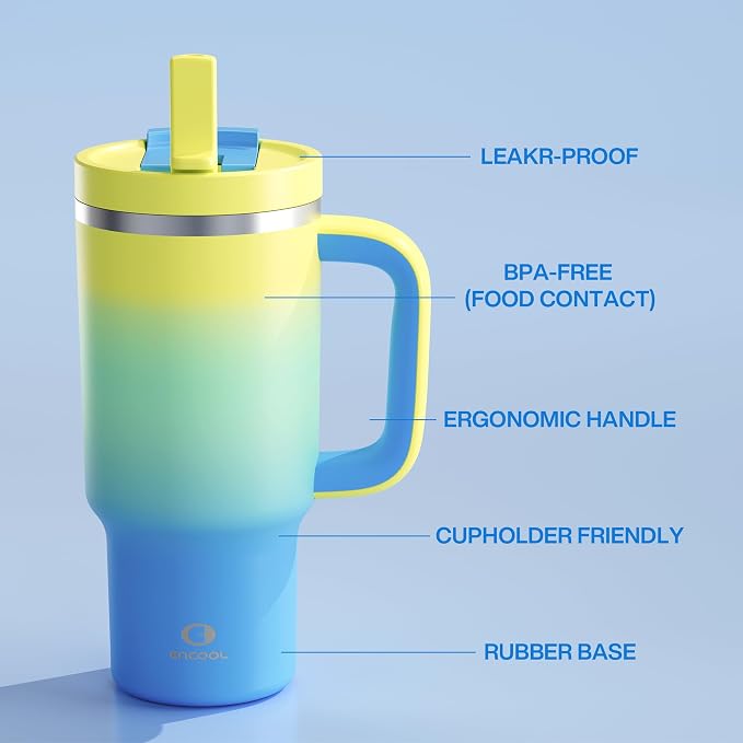 ENCOOL 32 oz Tumbler with Handle and Straw: Stainless Steel Insulated Tumbler Keeps Cold for 24 Hours, Leakproof Travel Cup Fits in Cup Holder and BPA-Free, Soft Lagoon