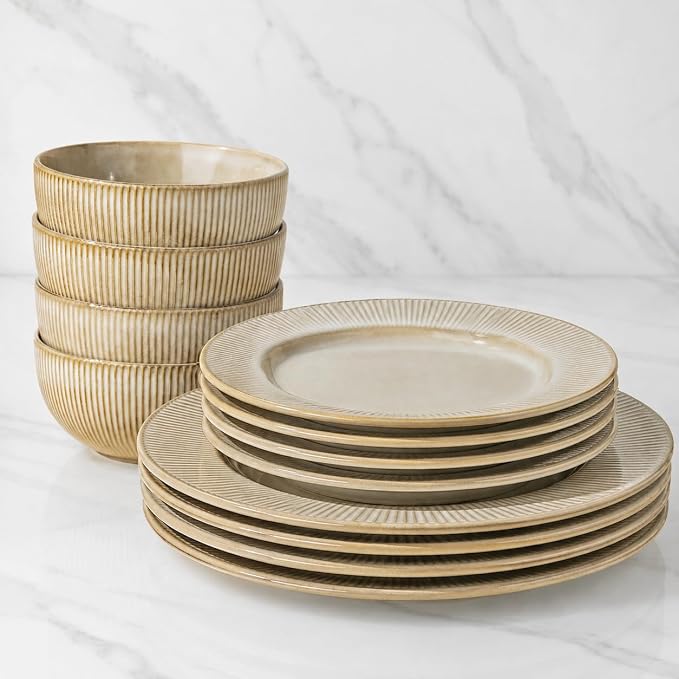 GBHOME Ceramic Dinnerware Sets of 4,12 pcs Plates and Bowls Sets Dishes | Embossed Elegant Stoneware Dishes Set | Dishwasher & Microwave Safe | Service for 4